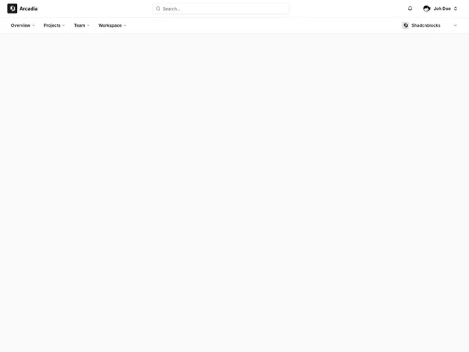 Shadcn Application Shell 13 - Top navigation shell with dropdown menus and mobile sheet