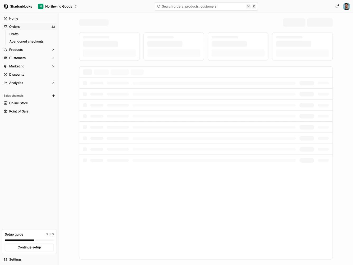 Shadcn Application Shell 26 - E-commerce admin shell with a full-width top bar