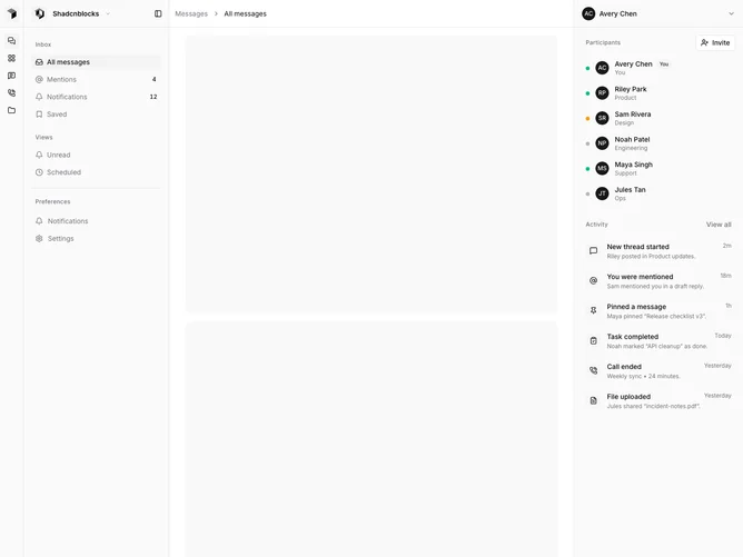 Shadcn Application Shell 7 - Messaging App Shell