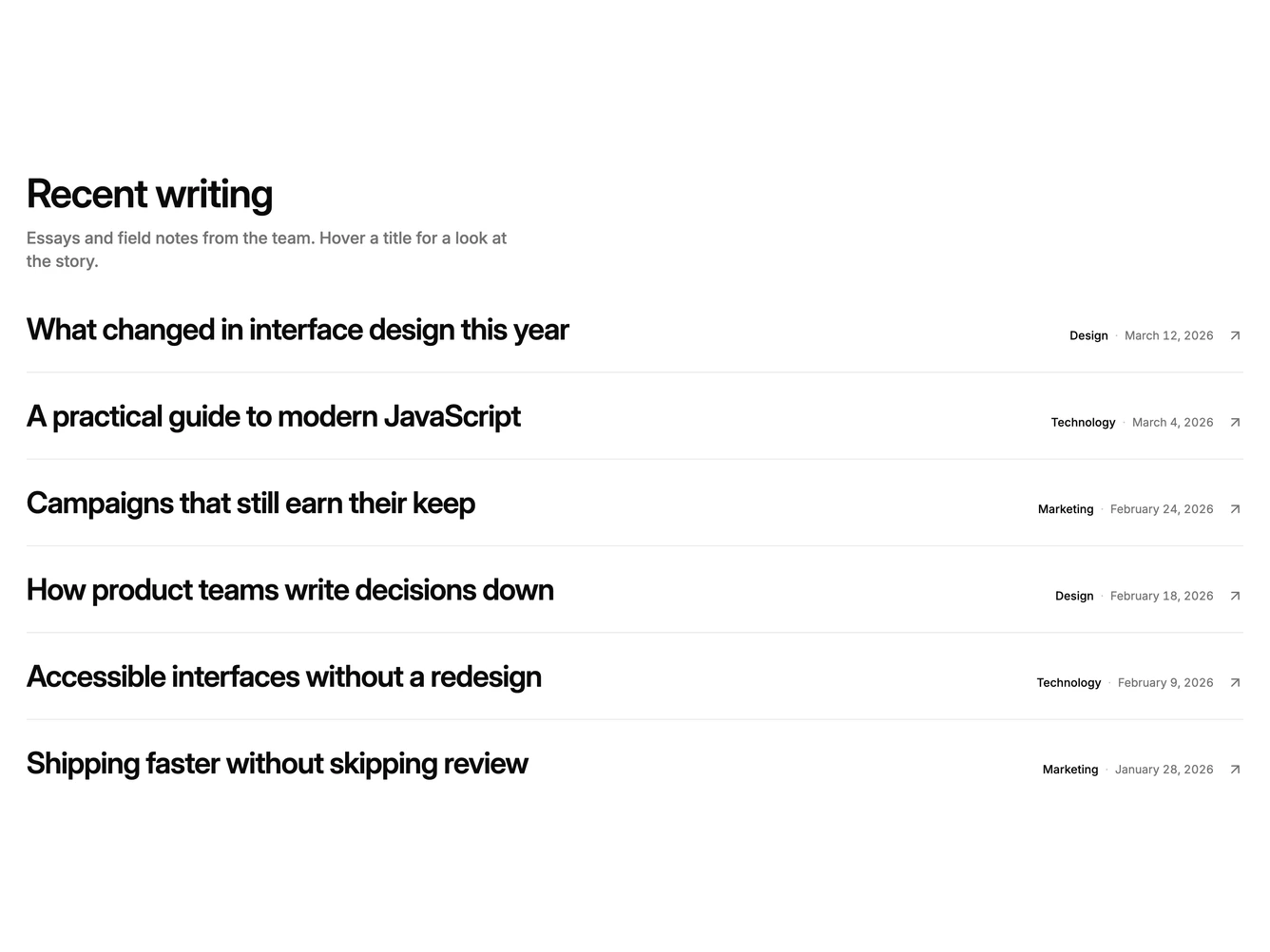 Shadcn Blog 101 - Blog title list with hover image preview