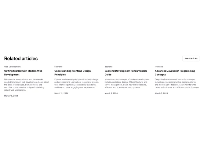 Shadcn Blog 19 - Related articles grid with outline action