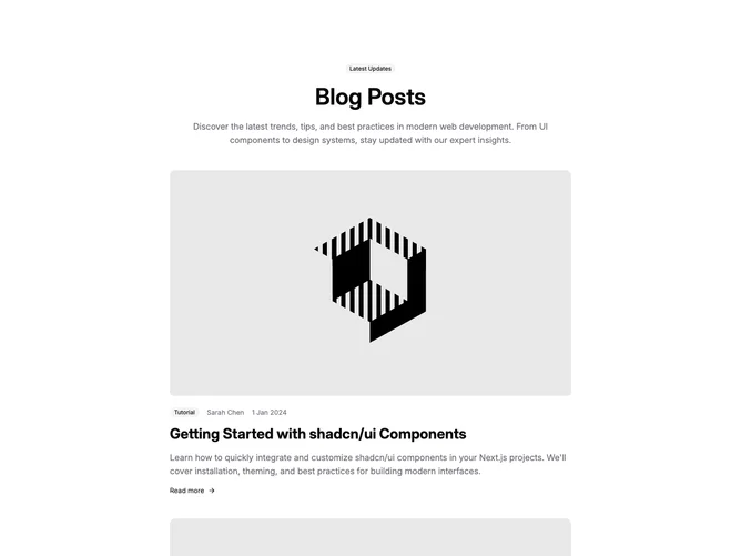 Shadcn Blog 23 - Stacked blog cards with centered header