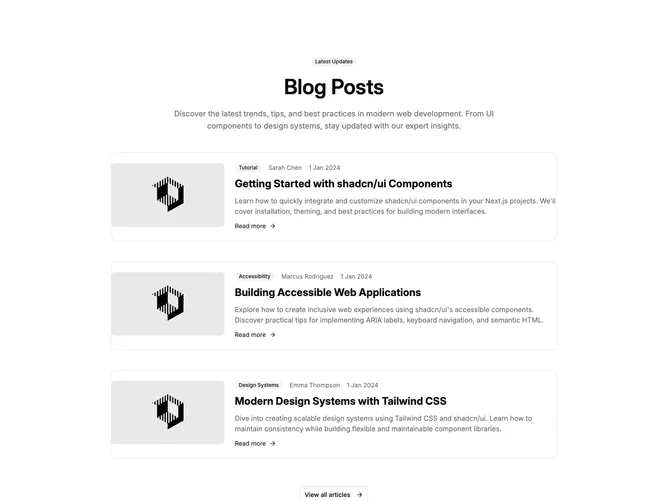 Shadcn Blog 24 - Horizontal blog cards with thumbnails