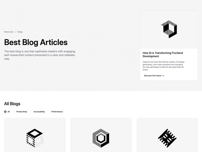 Shadcn Blog 27 - Filtered blog grid with spotlight band