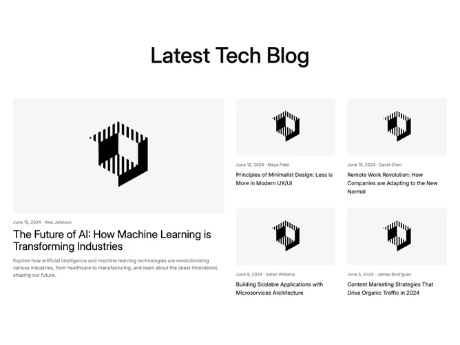 Shadcn Blog 28 - Tech blog grid with expanded lead tile