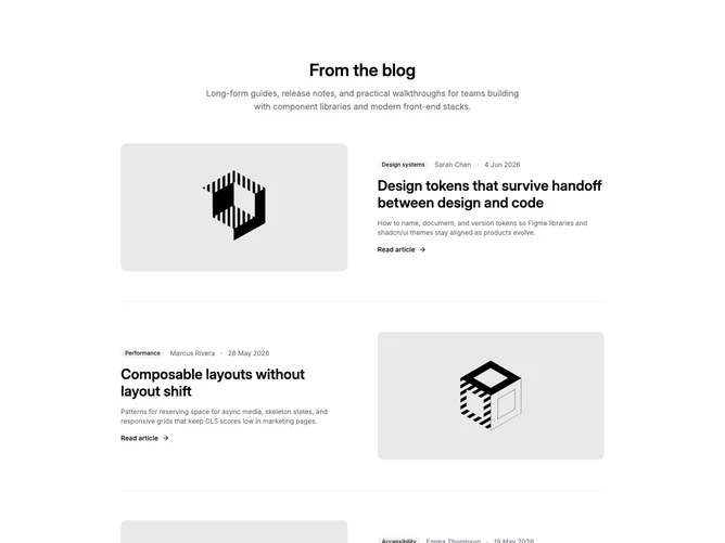 Shadcn Blog 35 - Alternating blog rows with dividers