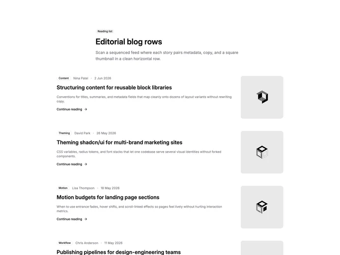 Shadcn Blog 36 - Blog rows with metadata and thumbnails