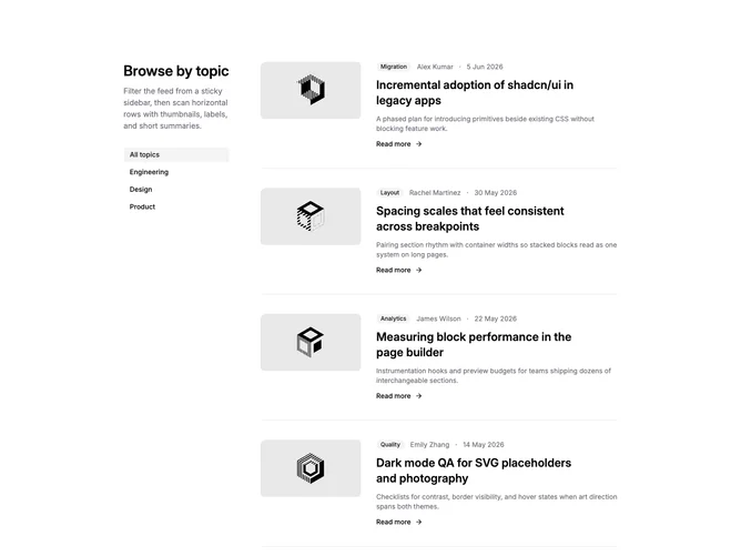 Shadcn Blog 37 - Filtered blog rows with category sidebar