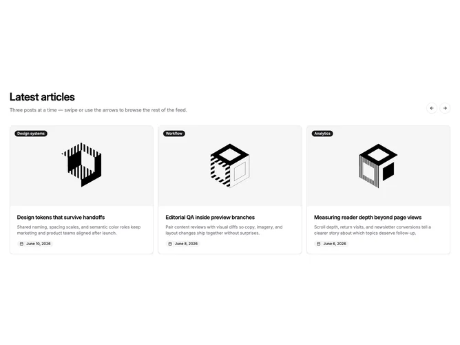 Shadcn Blog 41 - Three-card horizontal blog carousel