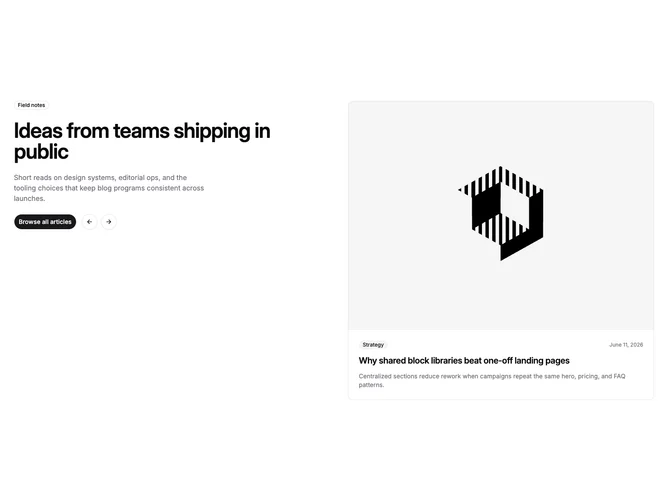 Shadcn Blog 43 - Split blog section with side carousel