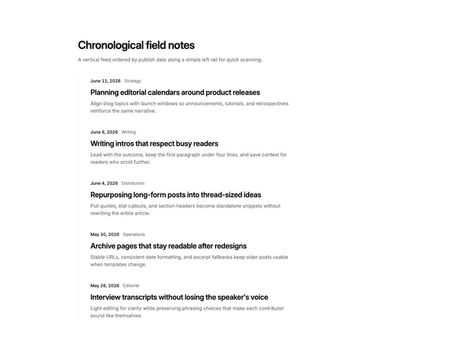Shadcn Blog 44 - Timeline blog feed with date markers