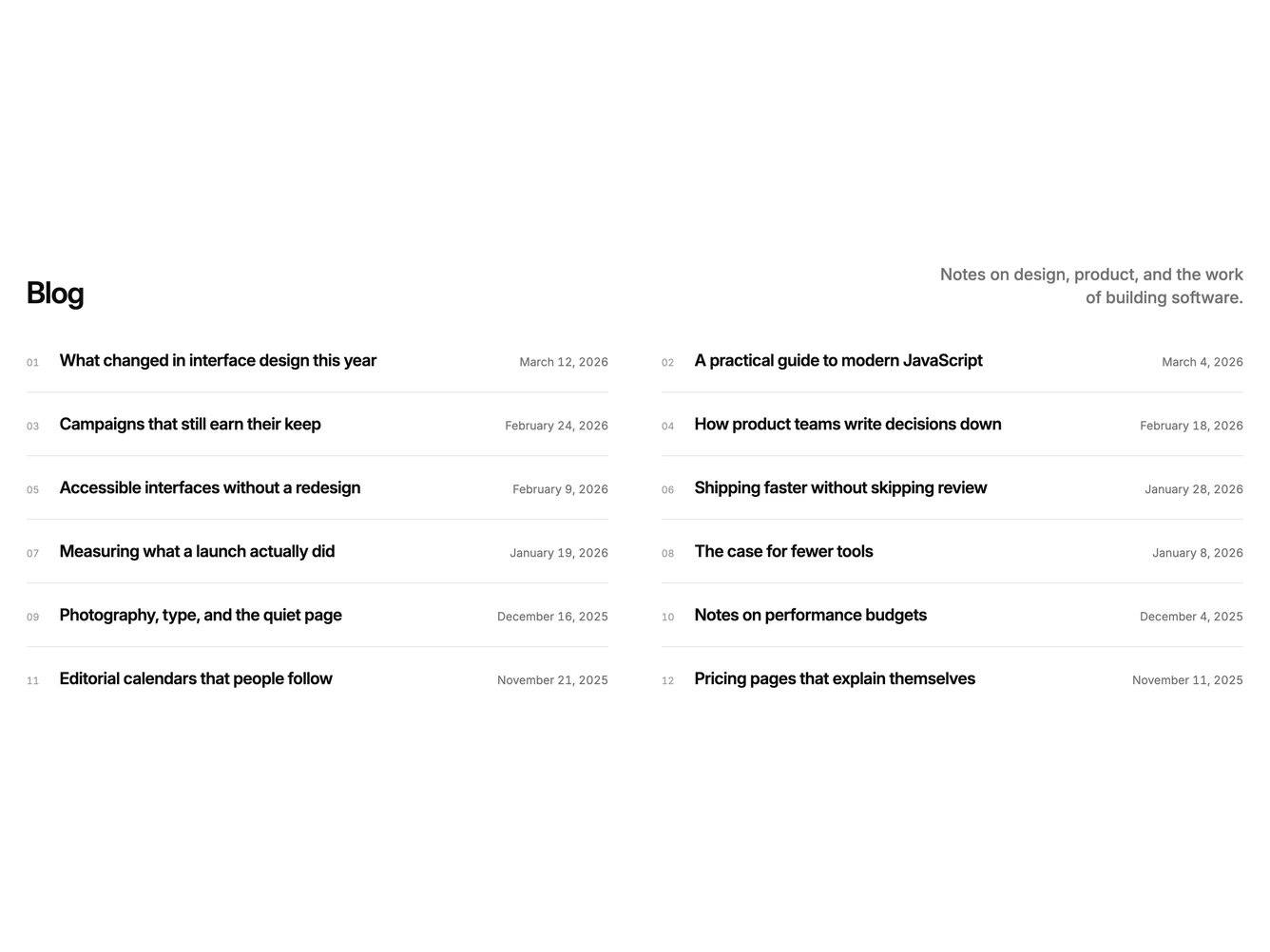 Shadcn Blog 73 - Numbered blog post list in two columns