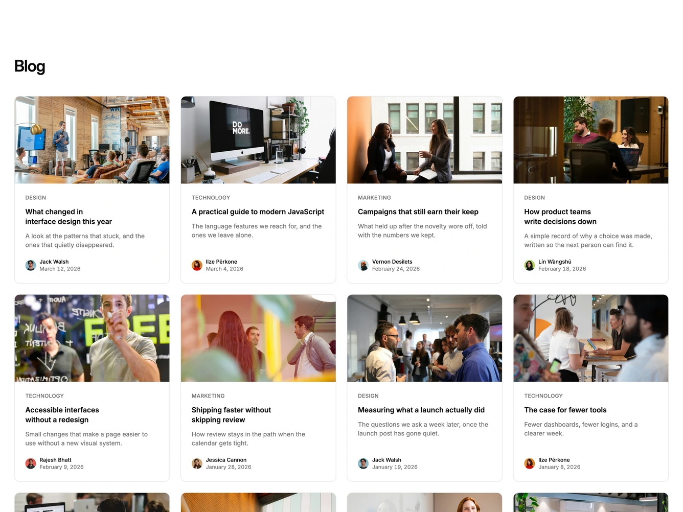 Shadcn Blog 89 - Large bordered blog post grid with authors