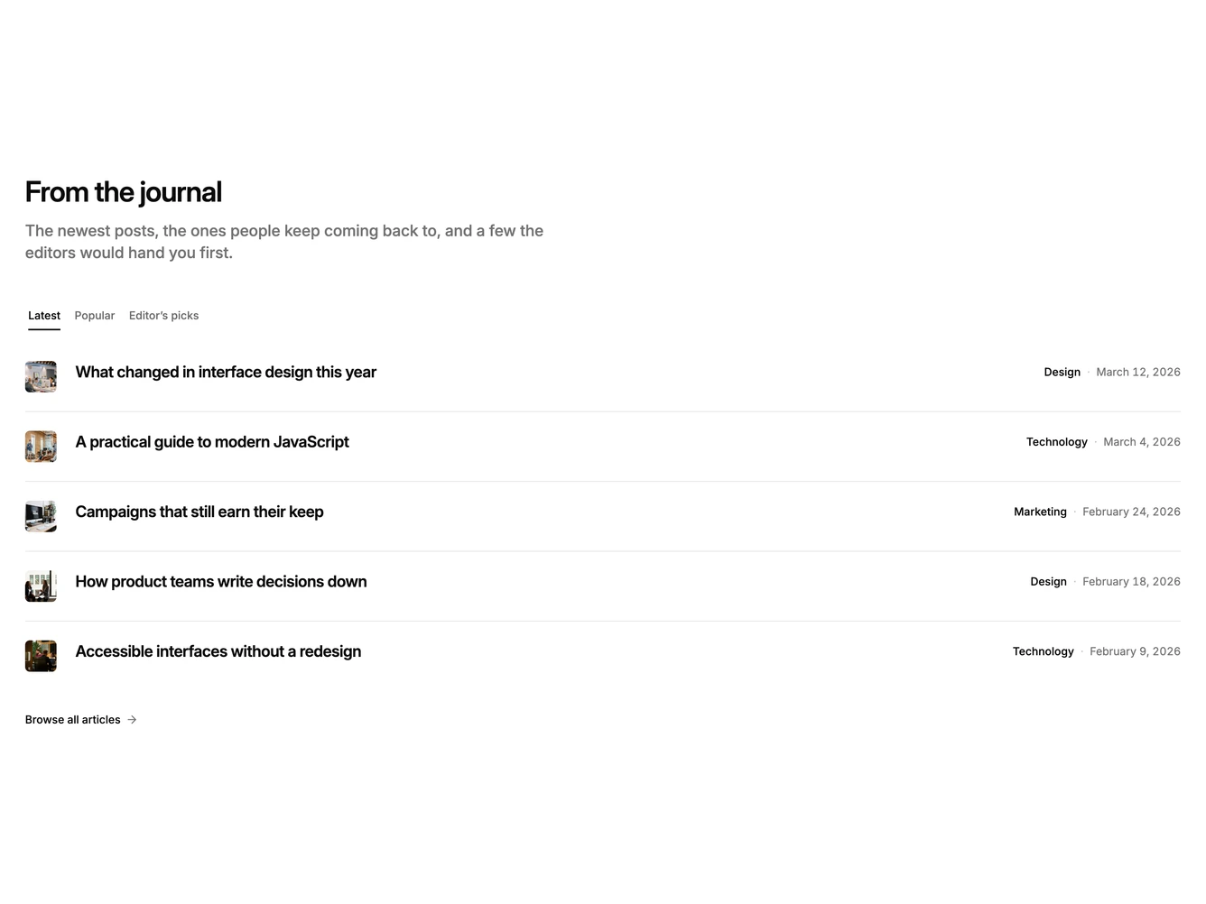 Shadcn Blog 97 - Tabbed blog feed with popular posts