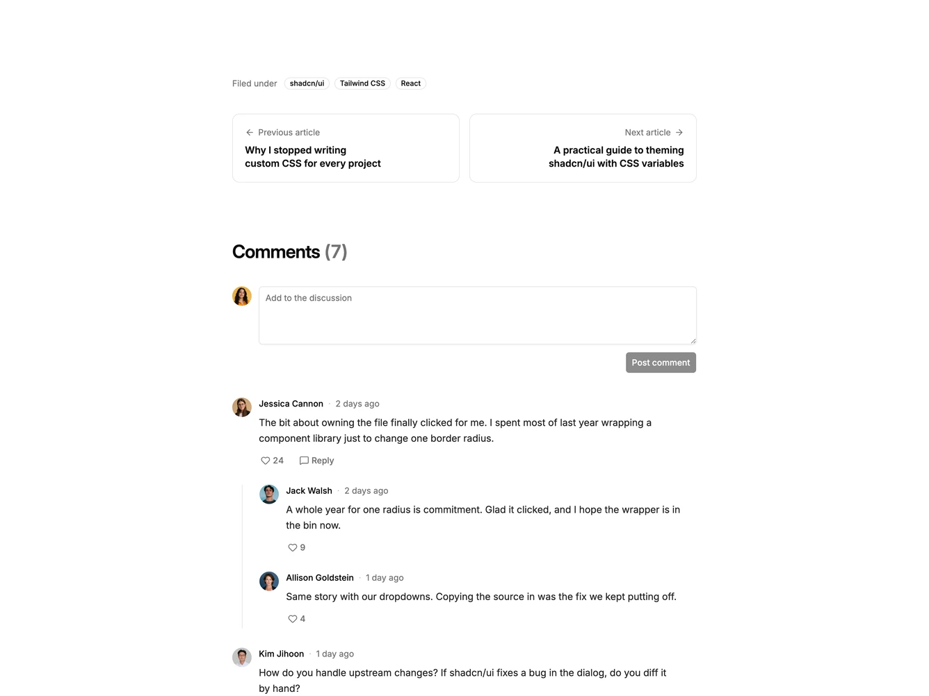 Shadcn Blog Post Comments Blocks