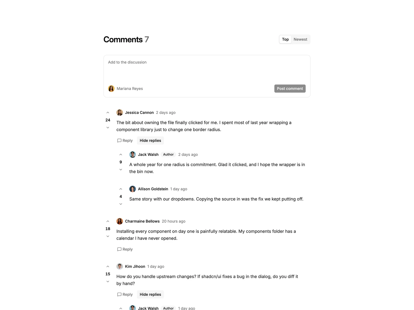 Shadcn Blogpost 16 - Comments with voting and sort tabs