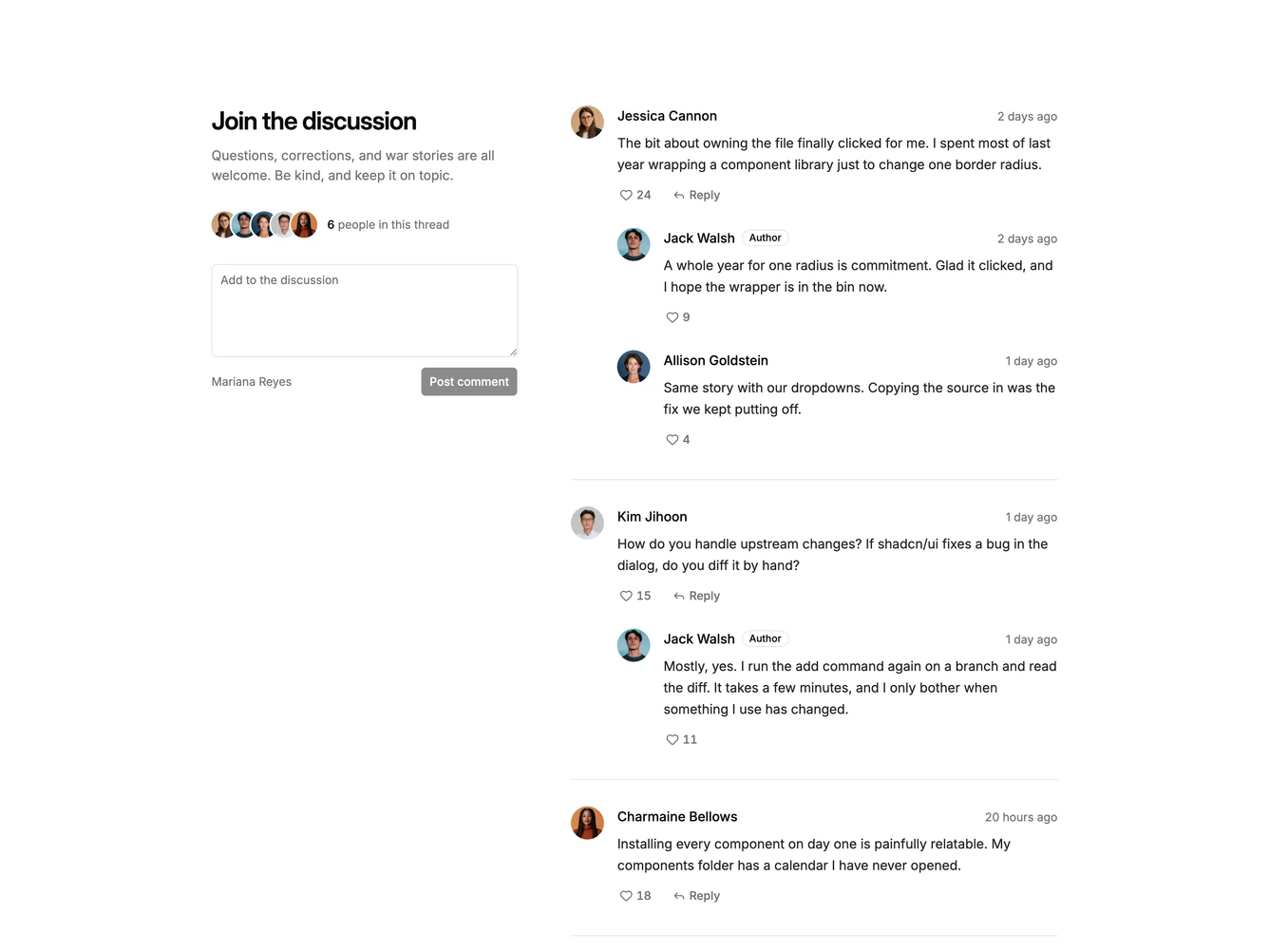 Shadcn Blogpost 17 - Two-column comments with sticky composer