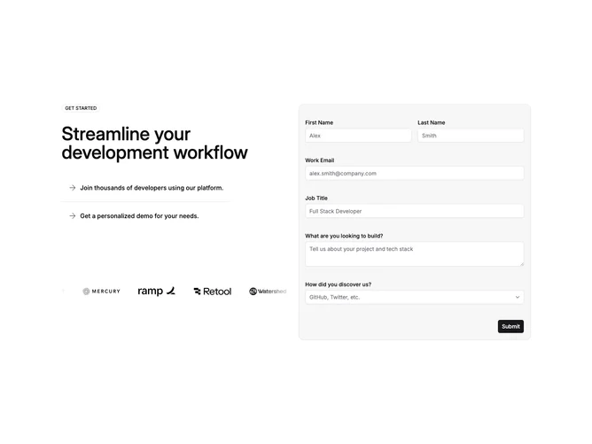 Shadcn Book A Demo 1 - Demo booking form with benefits and logos