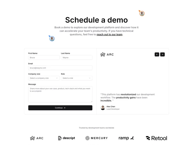 Shadcn Book A Demo 2 - Demo booking with animated testimonials
