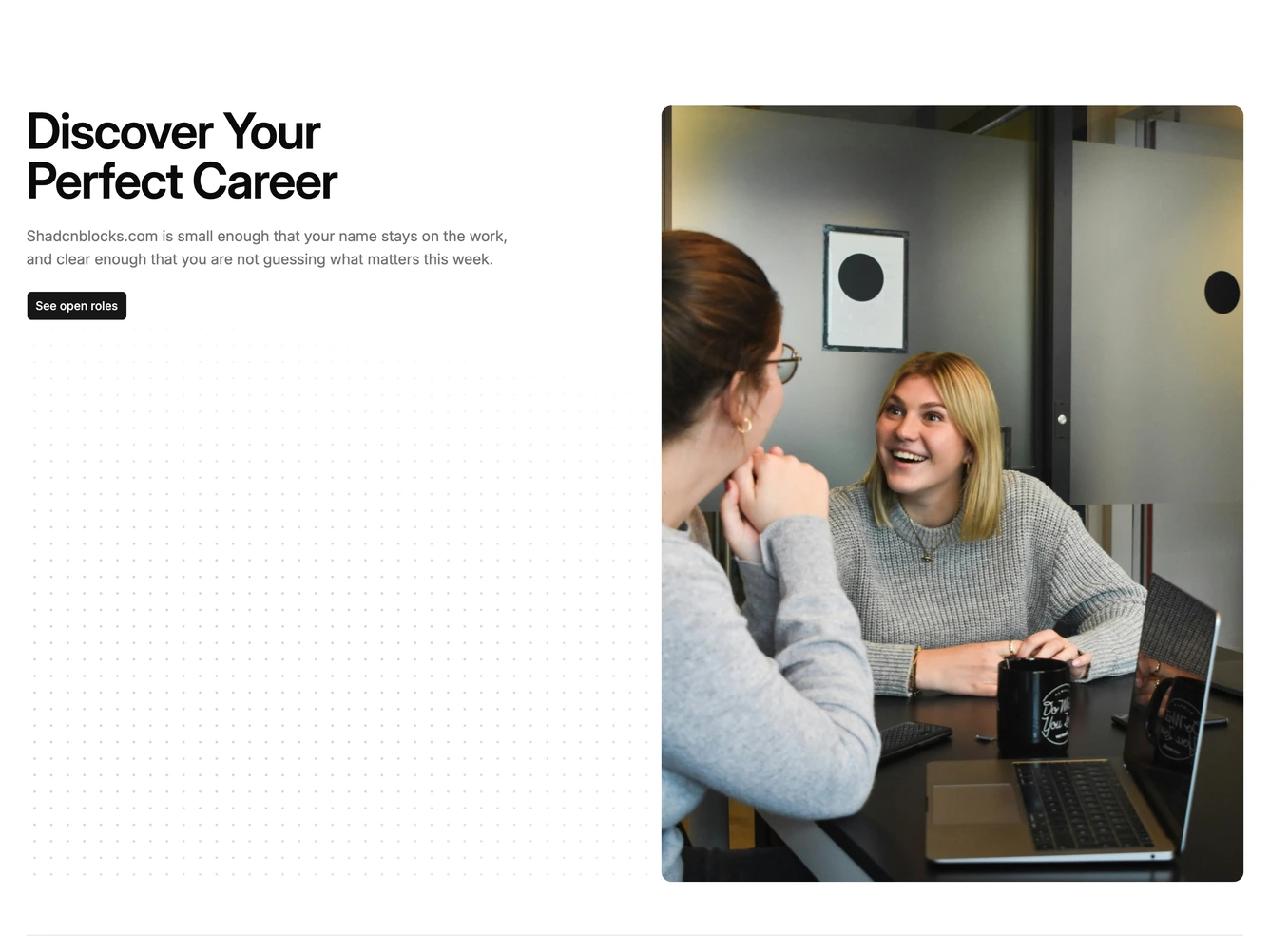 Shadcn Careers Intro 4 - Company intro beside a photo slider