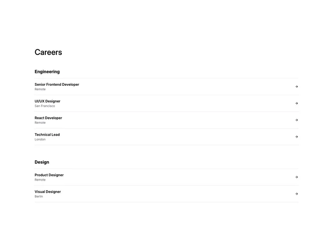 Shadcn Careers 4 - Simple careers heading with category sections