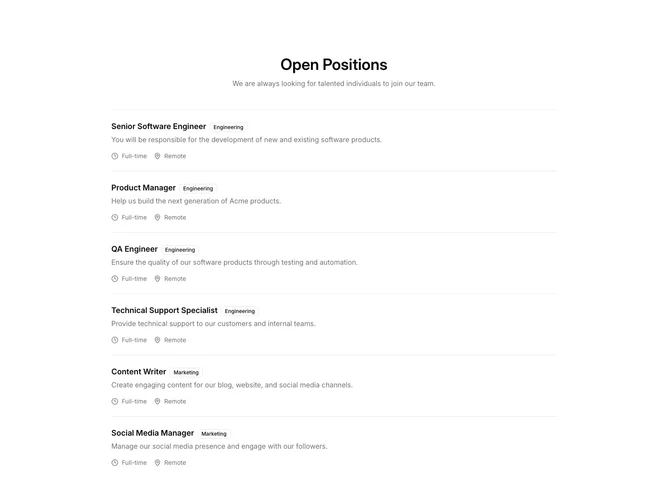 Shadcn Careers 5 - Centered careers title with full-width job stack