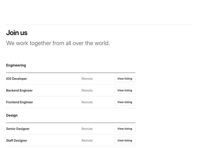 Shadcn Careers 7 - Grouped careers listings with row actions