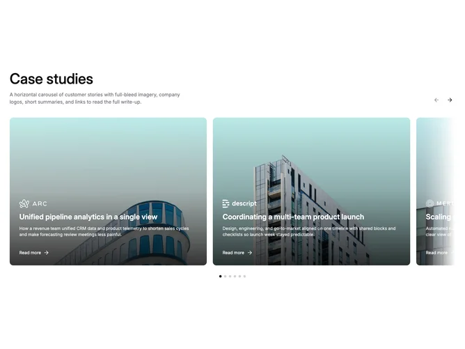 Shadcn Case Studies 10 - Masked two-up landscape case study carousel