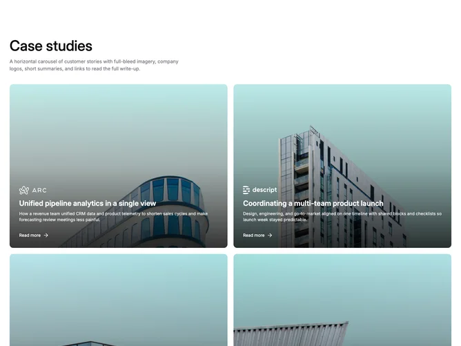 Shadcn Case Studies 12 - Two-by-two case study grid with landscape cards