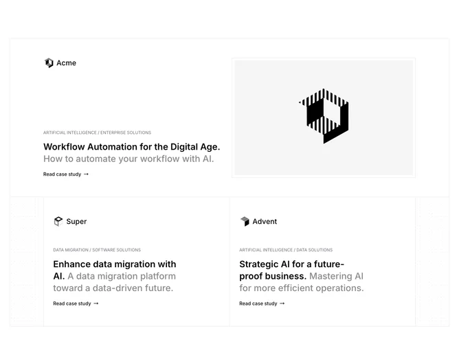 Shadcn Case Studies 3 - Featured case study with supporting grid