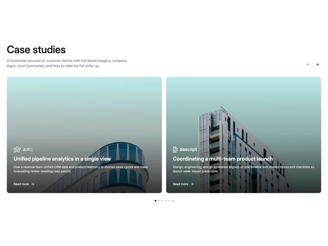 Shadcn Case Studies 9 - Two-up landscape case study carousel