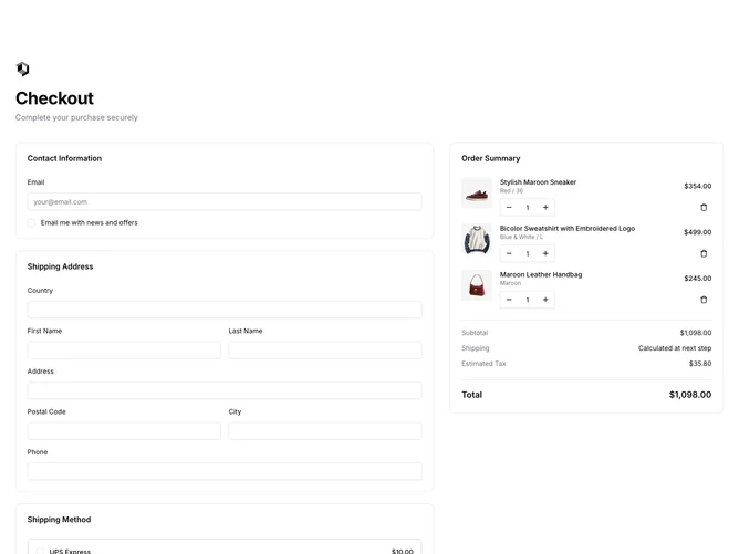 Shadcn Checkout 2 - Two-column checkout with cart and address forms