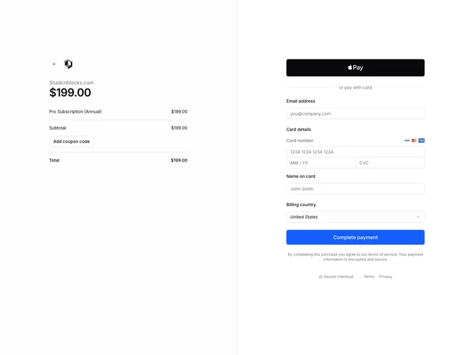Shadcn Checkout 5 - Order summary with promo and payment methods