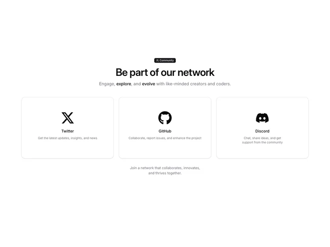 Shadcn Community 3 - Community badge with three large platform cards