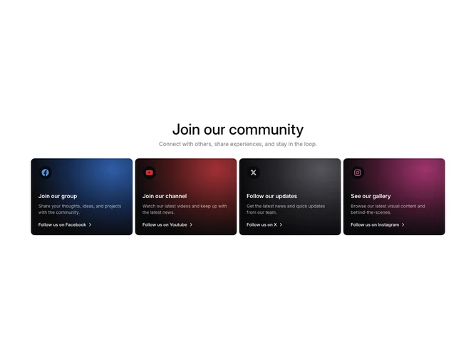 Shadcn Community 4 - Dark gradient tiles for four social destinations