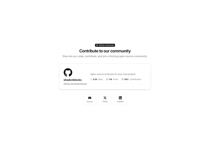 Shadcn Community 5 - GitHub spotlight card with stats and compact social links