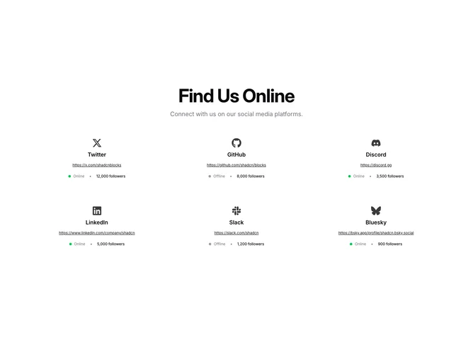 Shadcn Community 7 - Social channels with URLs, status dots, and follower counts