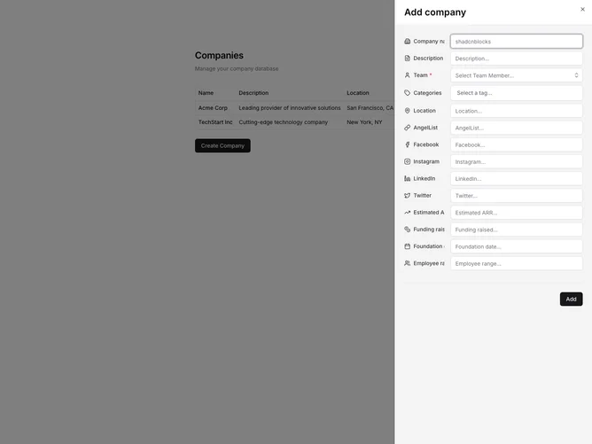 Shadcn Companies Create 2 - Company List with Sheet Form