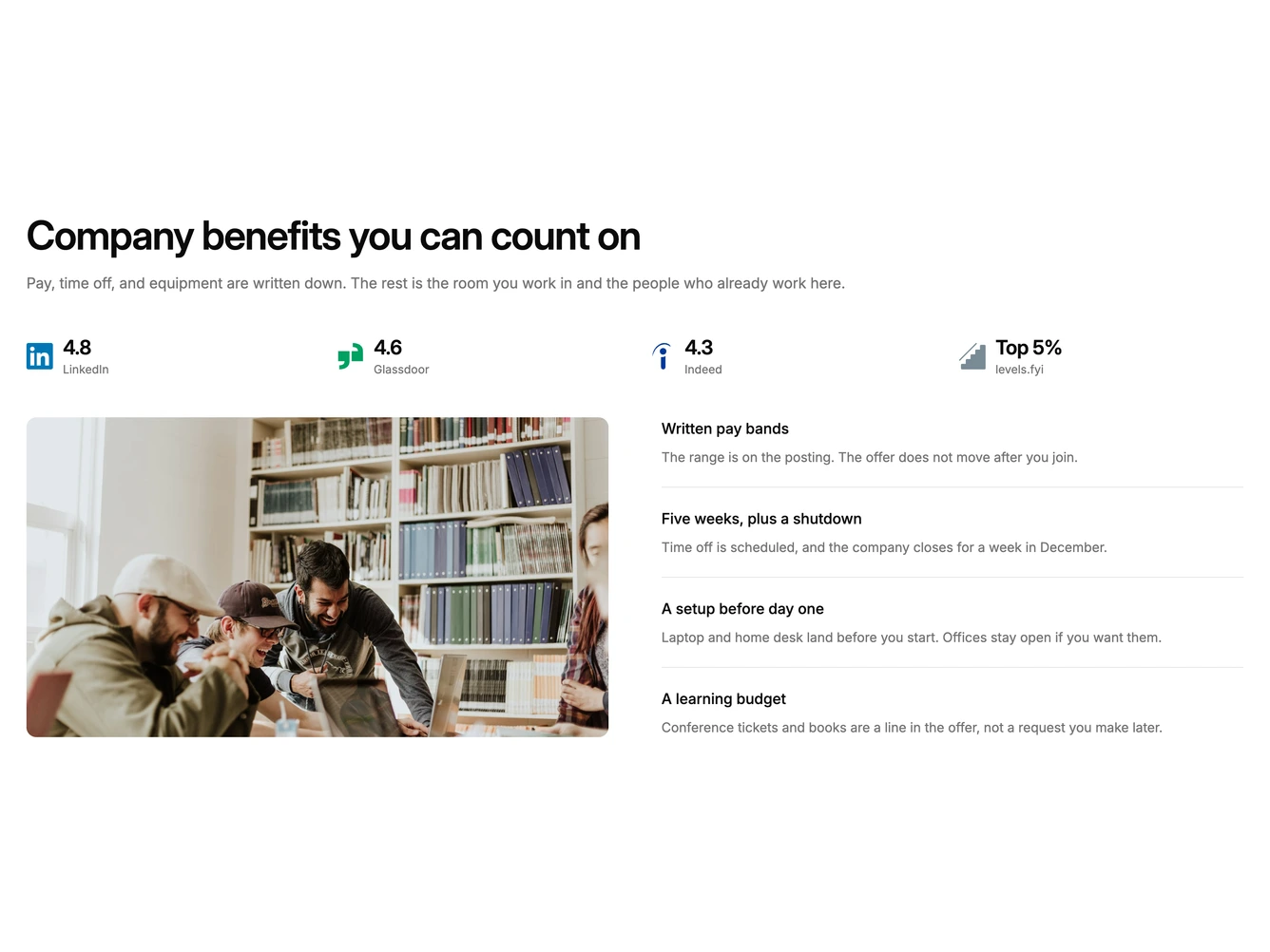 Shadcn Company Benefits 2 - Employer scores beside a workplace photo