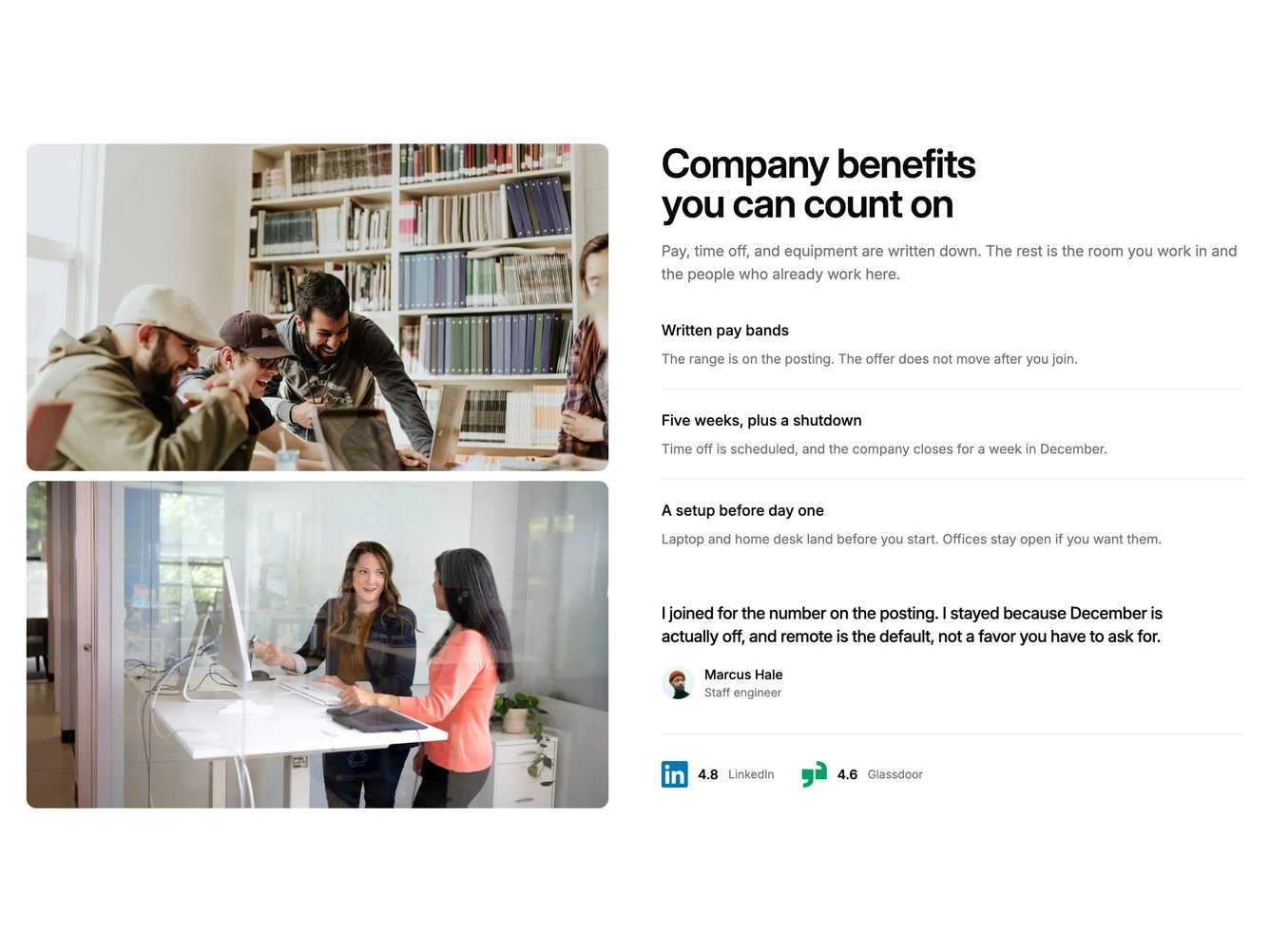Shadcn Company Benefits 3 - Two photos beside stacked perks
