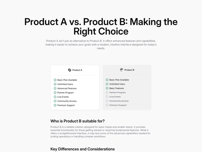 Shadcn Compare 2 - Dual product checklists with narrative follow-ups