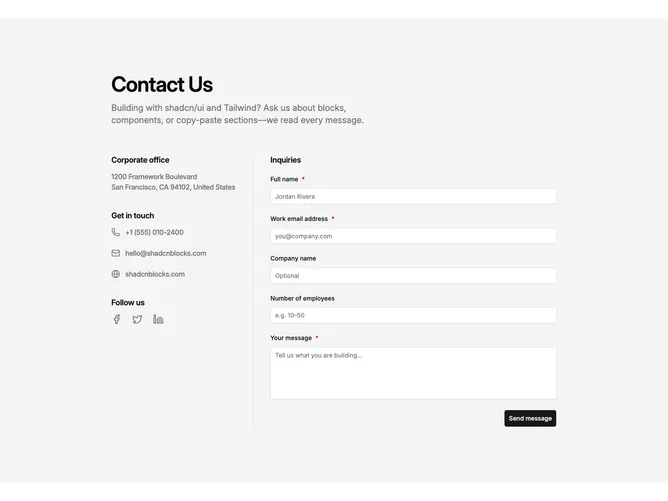 Shadcn Contact 11 - Two-column layout with social links