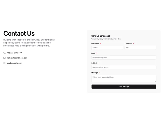 Shadcn Contact Form Details Blocks