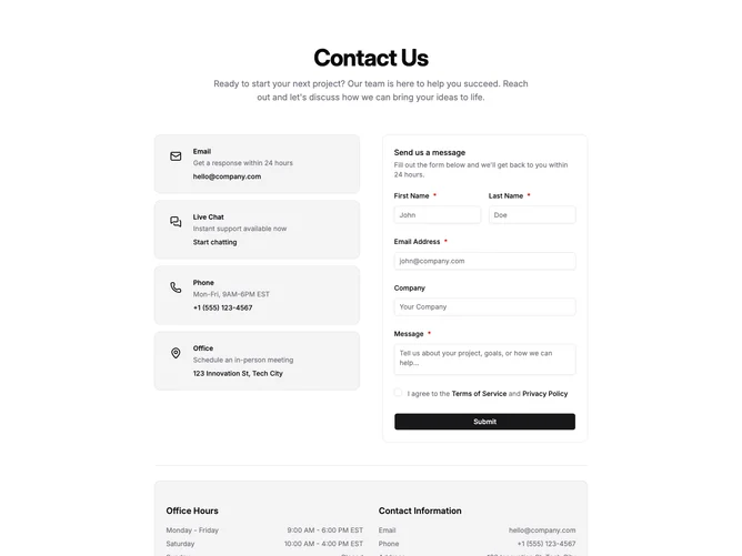 Shadcn Contact 6 - Contact channels, form, and office hours