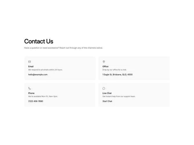 Shadcn Contact 7 - Grid of contact method cards
