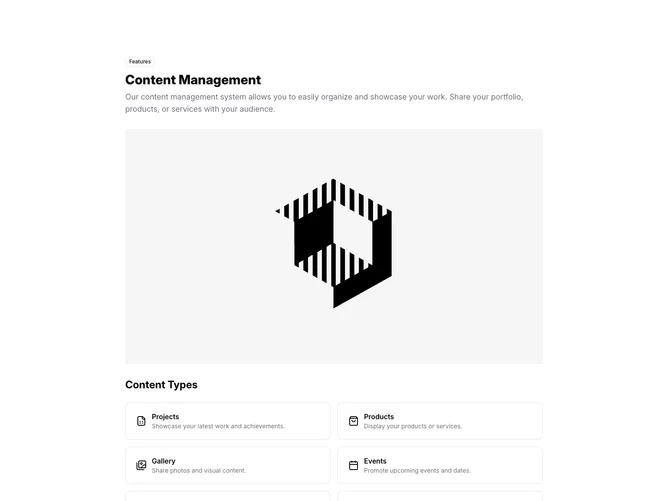 Shadcn Content 2 - Content hub explainer with type grid