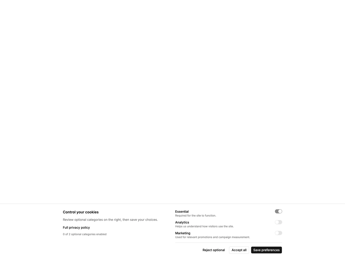 Shadcn Cookie Banner 16 - Mega bottom bar with split summary