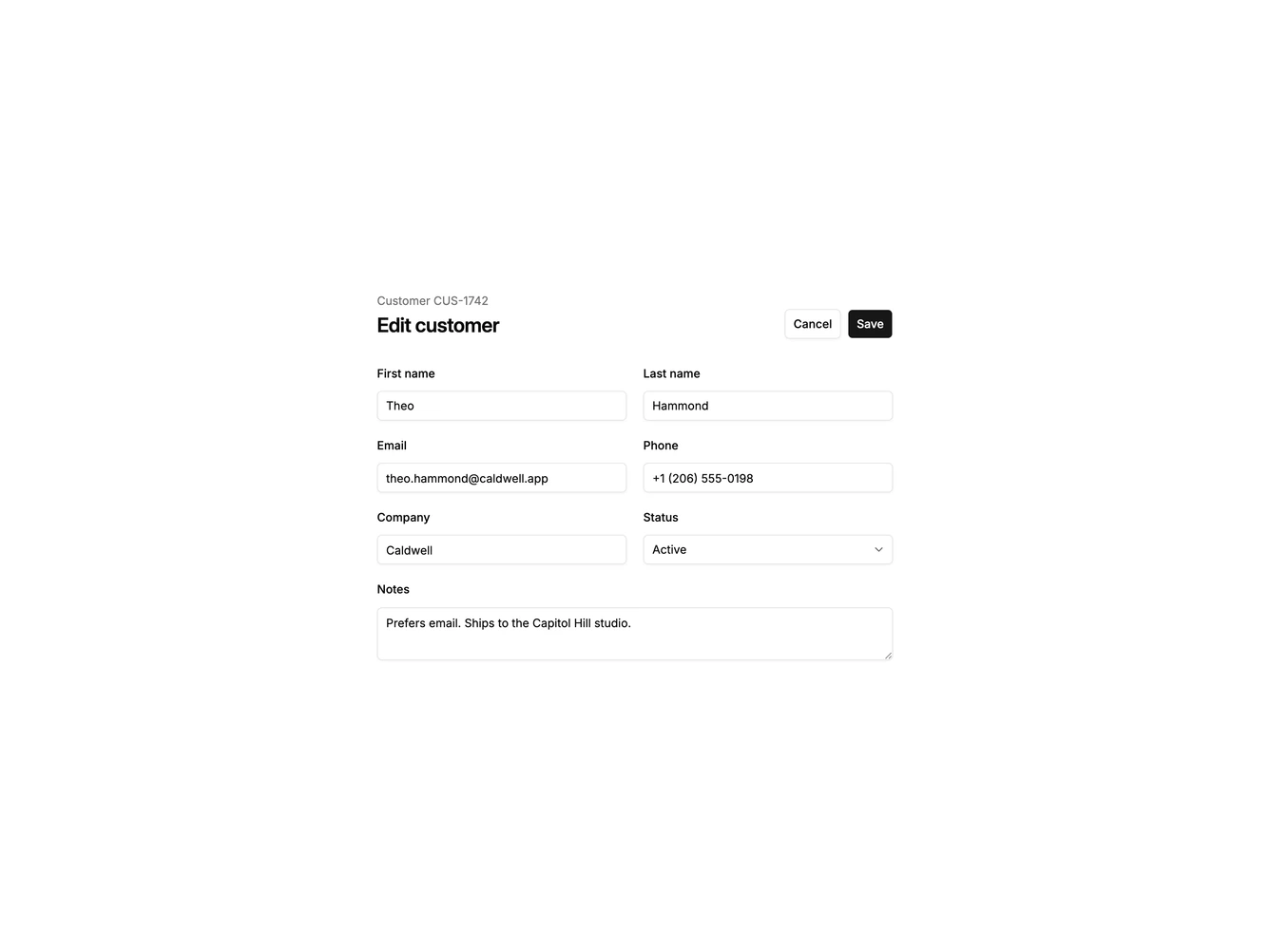 Shadcn Customer Details 1 - Basic customer details form