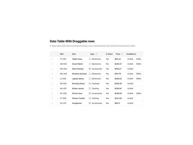 Shadcn Data Table 17 - Draggable Rows Data Table