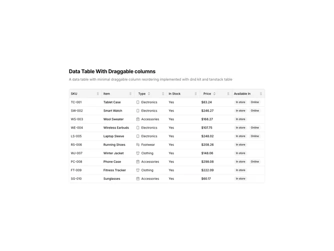 Shadcn Data Table 18 - Draggable Columns Data Table